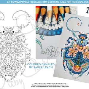 Op de afbeelding: Een zwart-witte lijntekening om in te kleuren van een gedetailleerde kever met ingewikkelde bloemmotieven. De kever heeft grote, afgeronde vleugels en een lang, dun lichaam. De bloemmotieven zijn gemaakt van kleine, delicate bloemen en bladeren. De kleurplaat is getiteld "Insectimaginary" en is een downloadbare, afdrukbare versie voor persoonlijk gebruik.