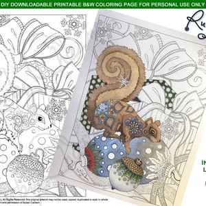 Christmas HOLIDAY Squirrel downloadable PDF: print and color, adult coloring, colouring page, winter, snowflakes, presents, bows, bulbs