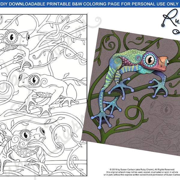 Three Frogs: downloadable printable PDF by Ruby Charm Colors - print and color, adult coloring page, frog, vines, tree frog