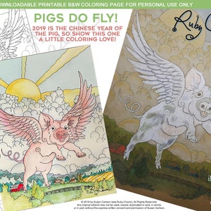 Flying pig downloadable PDF by Ruby Charm Colors: Print and color adult coloring page, pig, pigasus, farm, clouds, Chinese New Year