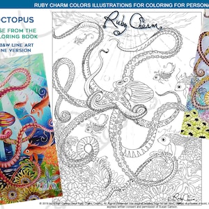 May include: A coloring book page featuring an octopus with intricate details. The octopus is surrounded by coral and fish. The page is titled "Ophelia the Octopus" and includes the text "A special pre-release from the Oceanimaginary Coloring Book".