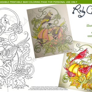 Könnte beinhalten: Eine Schwarzweiß-Malvorlage mit einem Kürbis mit Vögeln und Ranken. Das Bild ist eine druckbare Malvorlage für den persönlichen Gebrauch. Der Text "Ruby Charm original artful illustrations for coloring enthusiasts" ist im Bild enthalten.