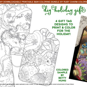 Holiday gift name tags: DIY downloadable, printable PDF to cut & color, Christmas, present, squirrel, bears, swan, reindeer