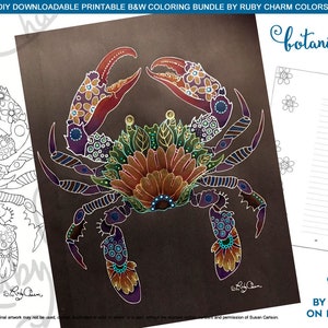 May include: A printable coloring page featuring a detailed illustration of a crab with floral patterns. The crab is surrounded by a brown background and the text "botanical crab" is written in a decorative font at the top of the page. The page is part of a 3-page PDF bundle that includes a black and white line art version of the design, a grey-line version of the design, and an accompanying art journal page from the Oceanimaginary book.