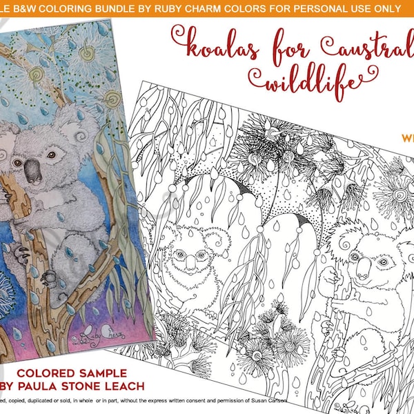 Koalas for Australian Wildlife: downloadable printable PDF for coloring pages, proceeds to help wildlife during and after the bushfires