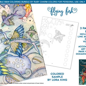 Oceanimaginary Flying Fish: downloadable PDF BUNDLE by Ruby Charm Colors, Print & color adult coloring page, ocean, sea life, nature, waves