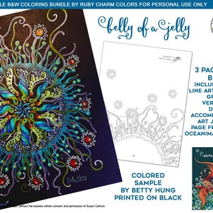 May include: A black and white coloring page of a jellyfish with intricate details. The image is titled "belly of a jelly". The coloring page is part of a 3-page PDF bundle that includes a bonus grey-line version of the design and an art journal page from the Oceanimaginary book.