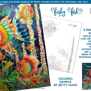 May include: A printable coloring page featuring a colorful underwater scene with three fish, coral, and seaweed. The page is titled "fishy fish" and is part of a 3-page PDF bundle that includes a black and white line art version, a grey-line version, and an art journal page from the Oceanimaginary book.