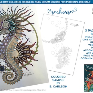 May include: A printable coloring page featuring a detailed illustration of a seahorse with intricate patterns and designs. The seahorse is surrounded by flowers and leaves. The image is labeled "Seahorse" and includes a colored sample by S. Carlson.