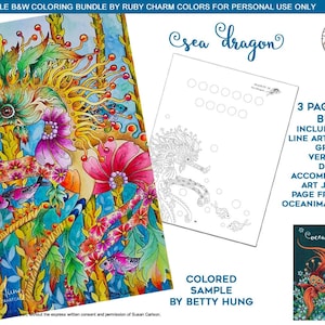 Op de afbeelding: Een printbare kleurplaat met een kleurrijk zeepaardje met ingewikkelde details. Het zeepaardje wordt omringd door zeewier en bloemen. De pagina maakt deel uit van een 3-pagina PDF-pakket dat een zwart-wit lijntekening, een grijs-lijn versie en een bijbehorende kunstjournal pagina uit het Oceanimaginary boek bevat.