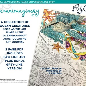 Oceanimaginary: downloadable PDF by Ruby Charm Colors, Print & color adult coloring page, ocean, crab, fish, sea turtle, whale, otter
