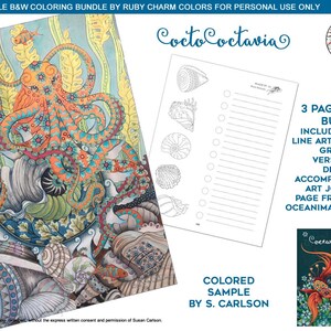 Op de afbeelding: Een printbare kleurplaat met een gedetailleerde illustratie van een octopus omringd door schelpen en zeewier. De octopus is gekleurd in tinten blauw, oranje en groen. De tekst "Cocto Coctavia" staat in een decoratief lettertype bovenaan de pagina.