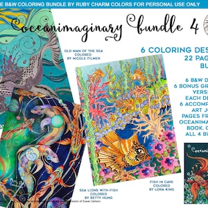 May include: A collage of 6 colorful ocean-themed coloring pages, each with a different design. The pages are part of a 22-page PDF bundle called "Oceanimaginary Bundle 4".