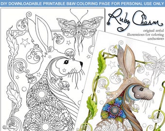 RABBIT Nouveau Downloadable printable Adult Coloring PDF page, Ruby Charm Colors illustration, bunny, animals, nature, flowers, colouring