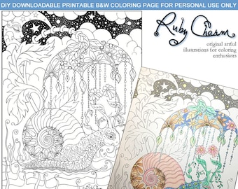 Snail under Umbrella by Ruby Charm Colors - downloadable, printable coloring page, PDF, adult colouring, nature, rain, floral