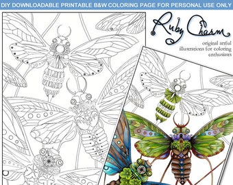 CICADAS downloadable printable Adult Coloring page, Ruby Charm Artful Illustrations for Coloring Enthusiasts, animals, nature, insects