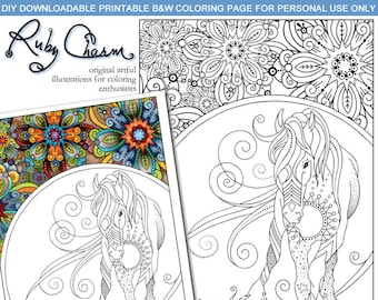 HORSE downloadable printable Adult Coloring page, Ruby Charm Artful Illustrations for Coloring Enthusiasts, animals, nature, horses