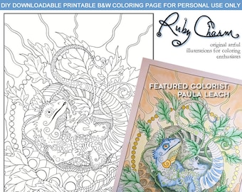 Nacho the Crestie by Ruby Charm Colors: Downloadable, printable PDF coloring page, adult colouring, gecko, lizard, nature