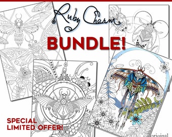 May include: A digital download of four printable coloring pages featuring intricate insect designs. The pages are black and white and perfect for coloring enthusiasts. The text on the image reads "DIY DOWNLOADABLE PRINTABLE B&W COLORING PAGES FOR PERSONAL USE ONLY", "Ruby Charm", "BUNDLE!", "SPECIAL LIMITED OFFER!", "INSECTS 4 PACK (8 FILES TOTAL) FOR $8", "original artful illustrations for coloring enthusiasts", and "© 2017 by Susan Carlson (aka Ruby Charm), All Rights Reserved: this original artwork may not be used, copied, duplicated or sold, in whole or in part, without the express written consent and permission of Susan Carlson."