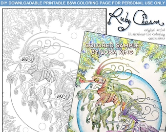 PDF Sea Dragons by RubyCharmColors: Instant Downloadable Printable Adult Coloring Page, sea dragon, ocean life, sea creature, sea horse