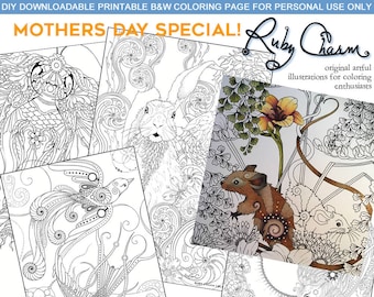 Spring BUNDLE: 5 Ruby Charm Colors downloadable, printable PDF illustrations for coloring, mice, cat, rabbit, bird, butterfly