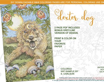 Dexter Dog: downloadable 2-page PDF, coloring page, print, color, adult colouring, animal, doodle dog, shaggy dog, canine, mushrooms, oak