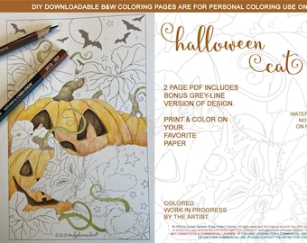 Halloween Cat: downloadable 2-page PDF, coloring page, print, color, adult colouring, animal, feline, pumpkins, bats, pumpkin patch
