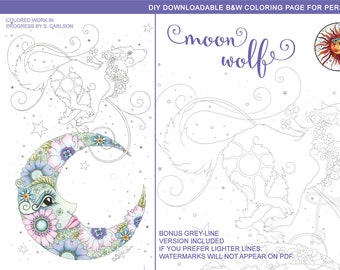 Moon Wolf: downloadable PDF coloring page, print, color, adult colouring, coyote, dog, flowers, floral, ruby charm colors, lunar, galaxy