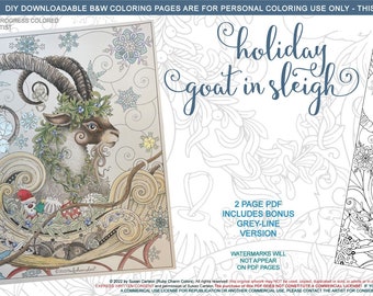 Holiday Goat in Sleigh 2 page Downloadable, Printable PDF for Coloring: winter, snow, Christmas, snowflakes, bulbs, gnome, elf, santa