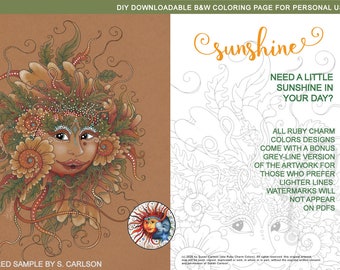 Sunshine downloadable printable PDF coloring page by Ruby Charm Colors: sun, sunny, leaves, flowers, adult coloring, colouring page