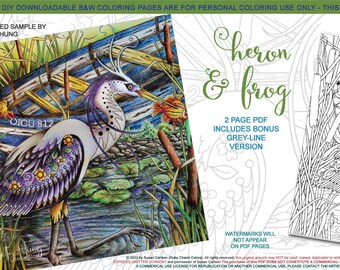 Heron & Frog: downloadable 2-page PDF, coloring page, print, color, adult colouring, bird, birdy, heron, frog, boat, cattails, pond, lake