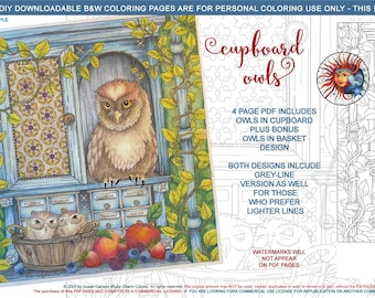 Cupboard Owls: Downloadable, printable 4-page PDF for coloring, vintage cupboard, owl, basket with baby owls, fruit, with bonus art