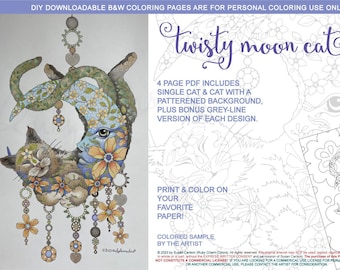 Twisty Moon Cat: downloadable 4-page PDF, coloring page, print, color, adult colouring, animal, sleepy kitty, moon, flowers