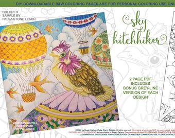 Sky Hitchhiker: downloadable 2-page PDF, coloring page, print, color, adult colouring, bird, birdy, flowers, hot air balloon
