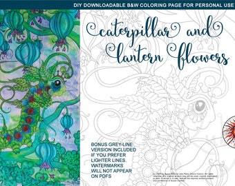 Caterpillar with Lantern Flowers: downloadable PDF coloring page, print, color, adult colouring, insect, floral, ruby charm colors