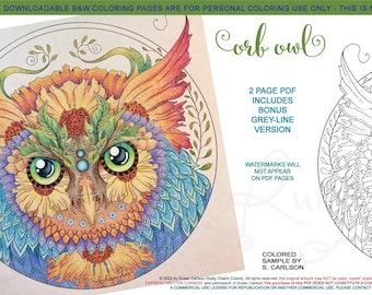 Owl Orb: downloadable 2-page PDF, coloring page, print, color, adult colouring, bird, birdy, owl face, circle, circular