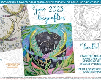 June 2023 Dragonflies: Downloadable, printable 6-page PDF for coloring, 3 designs, dragonfly, flowers, waterlily