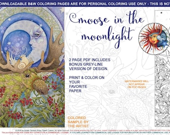Moose in Moonlight: downloadable, printable 2-page PDF, coloring page, print, color, adult colouring, moose, moon, nature