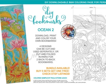 DIY Printable Bookmarks Ocean 2: Fish, anenome, water, sea, lake, downloadable PDF bookmark for coloring, adult colouring, coloring page