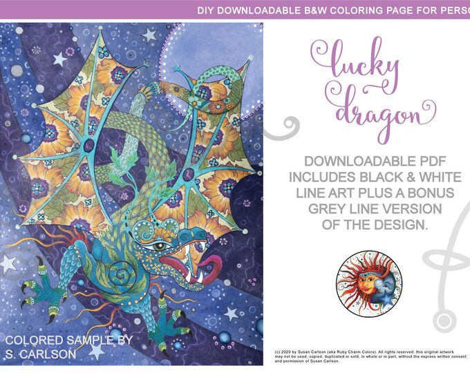 Lucky Dragon Downloadable PDF Coloring Page by Ruby Charm Colors ...