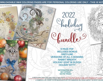 2022 Holiday Bundle: Goat in Sleigh, Rabbit Wreath & Holiday Kitty designs - 6 page downloadable, printable PDF