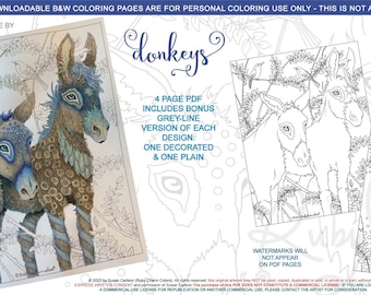 Donkeys: Downloadable, printable 4-page PDF for coloring, floral, birds, donkey, mule, horse, farm, barnyard animals