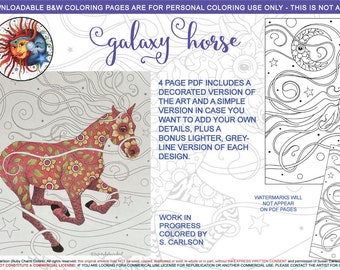 Galaxy Horse: downloadable, printable 4-page PDF, coloring page, print, color, adult colouring, pony, moon