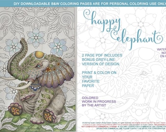 Happy Elephant: downloadable 2-page PDF, coloring page, print, color, adult colouring, animal, african elephants, mammal, pattern