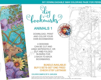 DIY Printable Bookmarks Animals 1: mouse, opossum, dog, bird, rabbit, downloadable PDF bookmark for coloring, adult colouring, coloring page