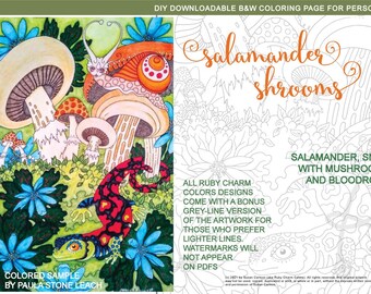 Salamander 'Shrooms with Snail: downloadable printable PDF for coloring, mushrooms