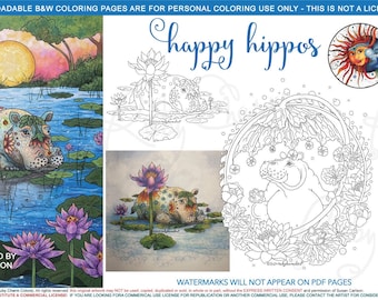Happy Hippos: instant downloadable, printable 6 page PDF, 3 unique, hand drawn illustrations for coloring, hippopotamus, adult colouring