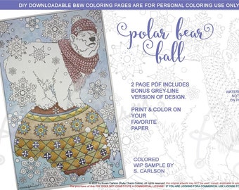 Polar Bear Ball: downloadable 2-page PDF, coloring page, print, color, adult colouring, animal, winter, snowflakes, arctic, christmas