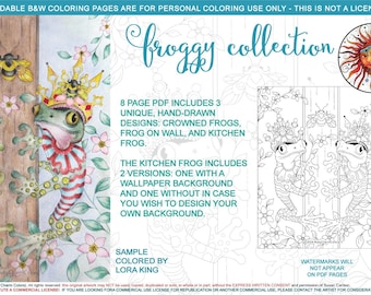 Froggy Collection: Crowned Frogs, Kitchen Frog & Frog on Wall, printable 8 page PDF
