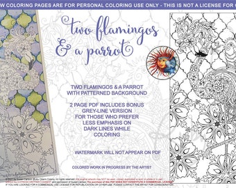 Two Flamingos and a Parrot: downloadable printable 2-page PDF for coloring, flamingo, bird, birds, parrot, floral